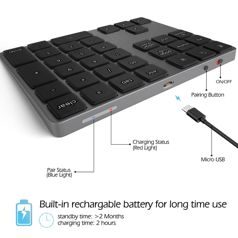 Bluetooth Numeric Keypad, Foloda Aluminum Rechargeable 34-Keys Wireless Number Pad External 10 Keys Numpad Data Entry Compatible for Laptop MacBook Mac Windows