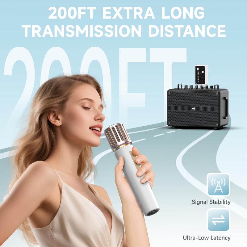 Wireless Microphones, Microphone with One-to-One Chip Connection, Controllable LED Lights, 40H Duration, 200FT Range Free Sing, Volume Control Microphone for Singing, Speech, Home Party, Youtube White