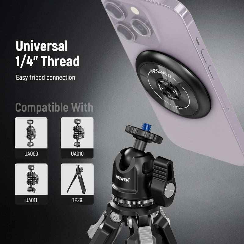 Neewer Magnetic Phone Tripod Mount Adapter with Adhesive Magnetic Ring 2 Pack Compatible with MagSafe iPhone 16 15 Pro Max Plus 14 13 12, 1/4" Thread for Video Recording Selfie Stick Ring Light, PA010 PA010(2 Pack) w/Magnetic Ring