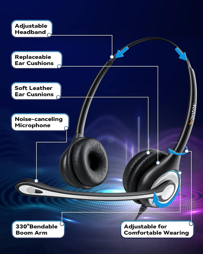 [AUSTRALIA] - Wantek Corded Telephone Headset Dual w/Noise Canceling Mic + Quick Disconnect Compatible with ShoreTel Zultys NEC Aspire Dterm Nortel Norstar Meridian Siemens ROLM Packet8 Landline Deskphones(602QS2) Binaural QD 602QS2 