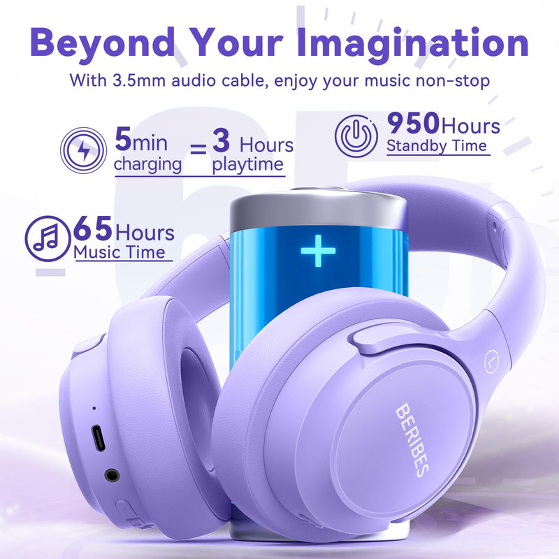 BERIBES Bluetooth Headphones Over Ear Wireless HiFi Stereo Headsets 65H 6EQ | Bluetooth 6.0,with Built-in HD Mic,Foldable Lightweight,Comfort Fit,Fast Charging,Deep Bass for Home Office Cellphone PC Ect. Purple