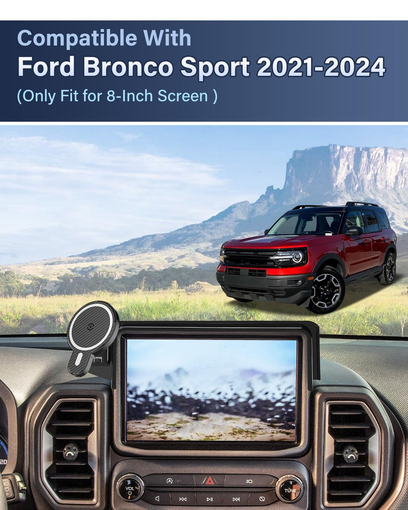 PZK Car Phone Holder for Ford Bronco Sport 2021-2024 8-Inch Fixed Screen | Strong Magnetic 15W Fast Wireless Charger Car Phone Mount with Magsafe 360° Rotation Hands-Free Not Affect Vent Cradles Magsafe+ Wireless Charging
