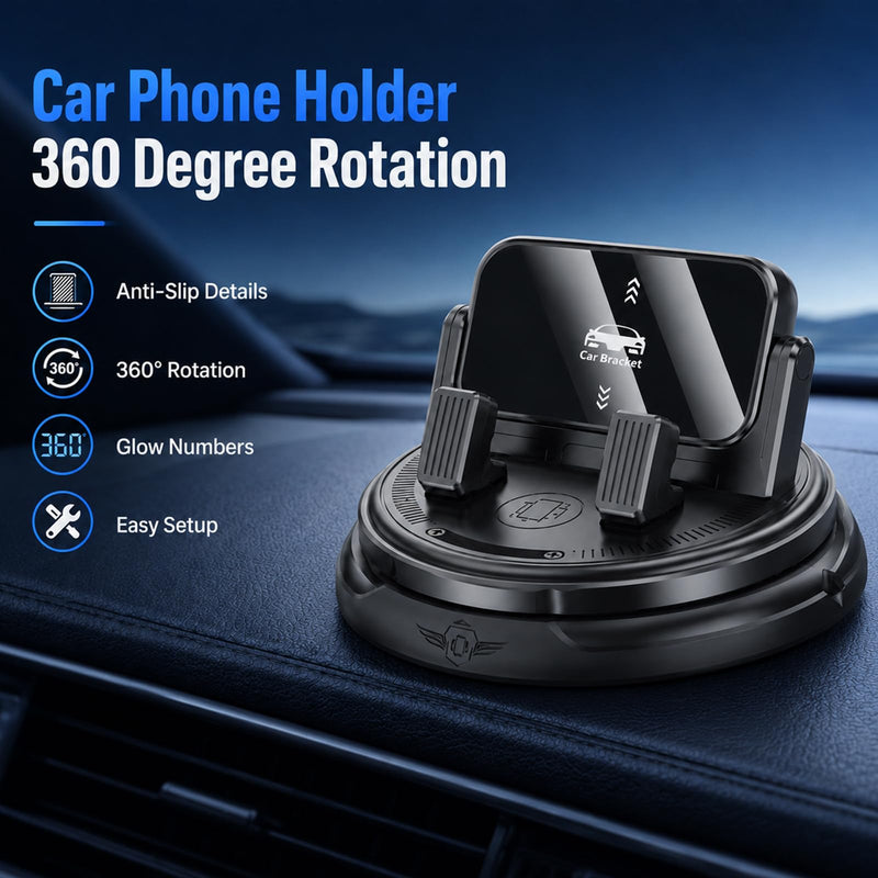 Car Phone Holder 360 Degree Rotation, 2026 New Dashboard Phone Mount with Adjustable Spring Clip for Smartphones