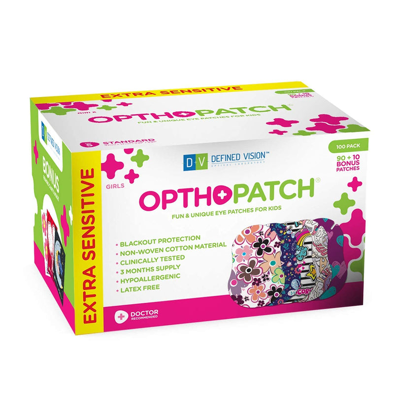Opthopatch Kids Eye Patches - Fun Girls Design [Series II] - 90 + 10 Bonus Latex Free Hypoallergenic Cotton Adhesive Bandages for Amblyopia and Cross Eye - 3 Reward Chart Posters by Defined Vision