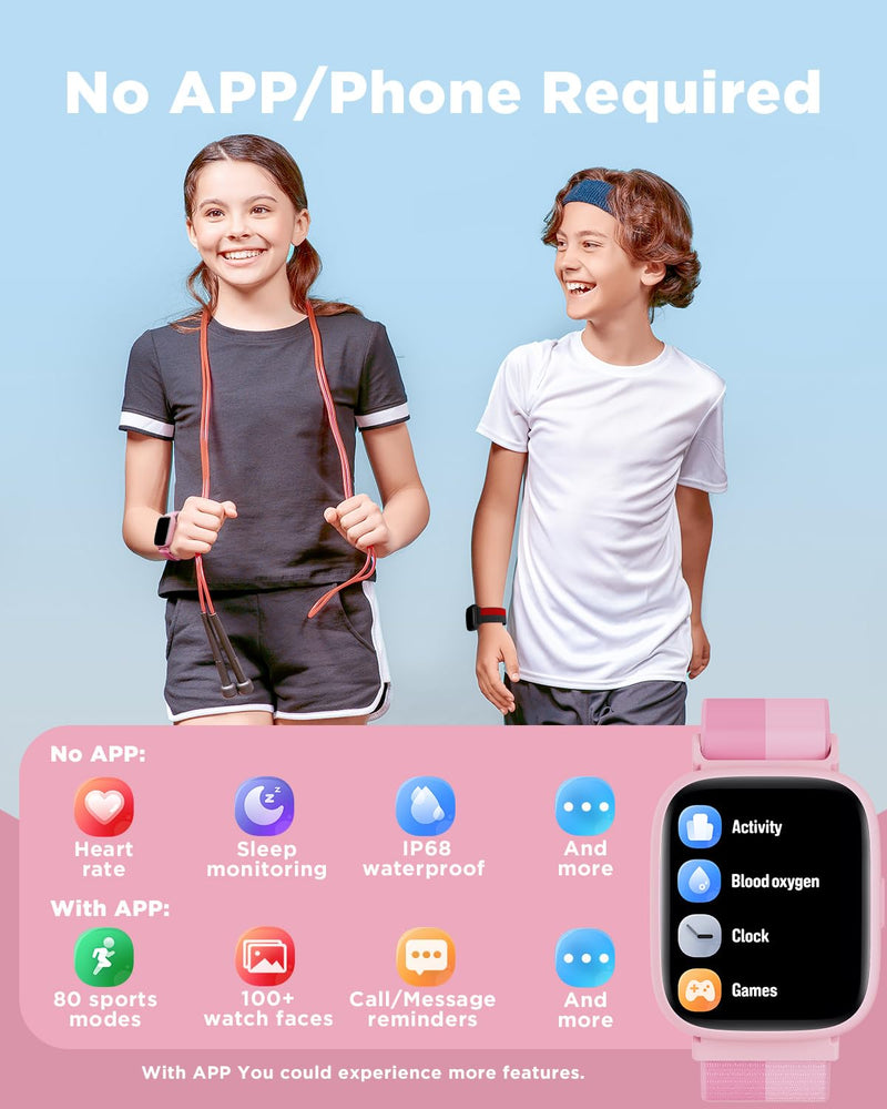 BIGGERFIVE Smart Watch for Kids, 1.8" Fitness Tracker Watch with Pedometer | Heart Rate, Sleep Monitor, IP68 Waterproof, Step Counter, Puzzle Games with/without App for Girls Teens 5-16，Nylon Single Strap Nylonpink