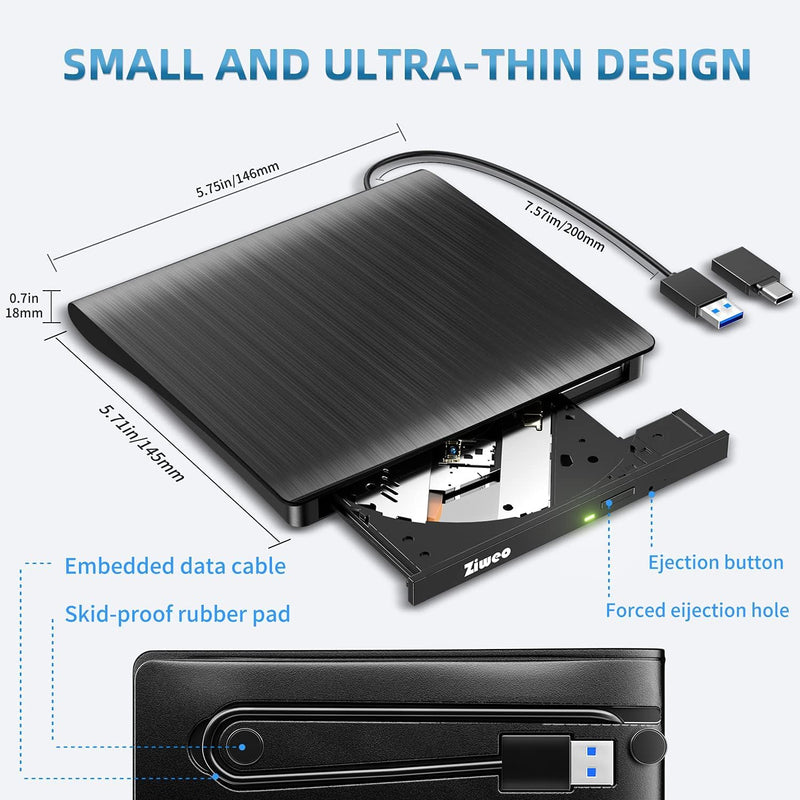Ziweo External DVD Drive USB 3.0 Type-C CD Burner Portable CD +/-RW Drive DVD Player for ROM Rewriter Burner Compatible with Laptop Desktop PC Windows MacBook Linux Mac OS