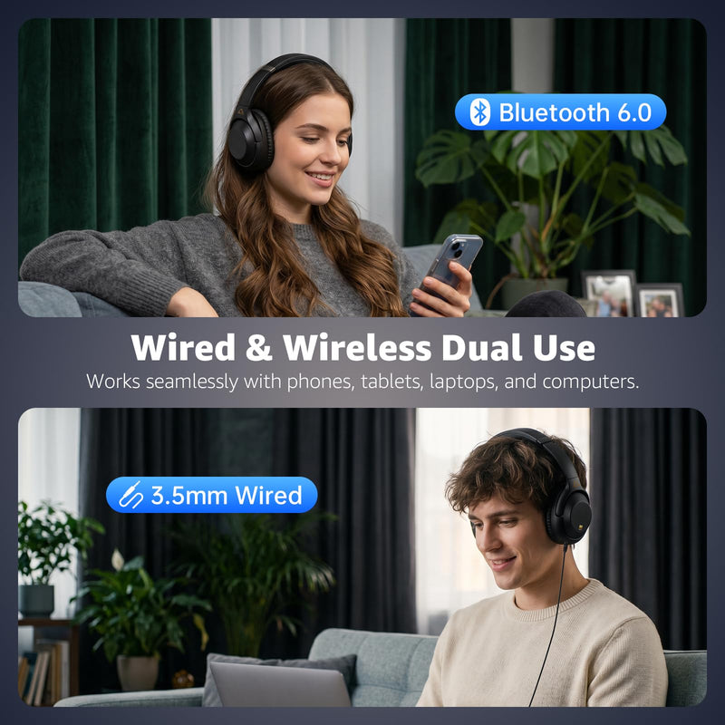 YMOO Noise Cancelling Headphones for Airplane, Wired Wireless ANC Headsets | Bluetooth 6.0 Over Ear Travel Headphones, LDAC Hi-Res Audio, 100H Playtime, Custom EQ via App Black