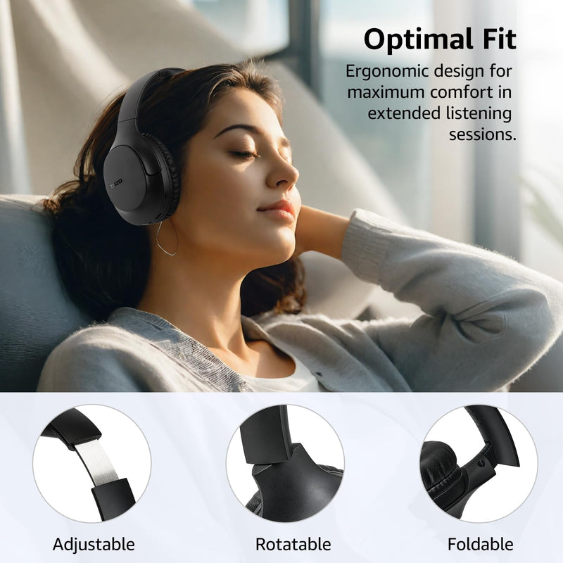 [AUSTRALIA] - TOZO Bluetooth 5.4 Over Ear Headphones, ENC Call Noise Cancelling Mic, Foldable Wireless Headset, 70H Playback, Deep Bass Stereo Sound, Customizable EQ via Button & App, for Travel and Home, Upgraded Black 