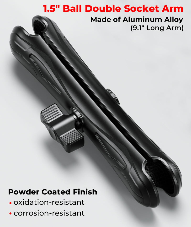 VAZESWIN 1.5" Ball Aluminum Alloy Double Socket Arm, 9.1" Length Long Arm | Compatible with RAM Mounts C Size 1.5" Ball Components, 360° Rotation, for Fish Finder Mount, Marine Electronic Mount