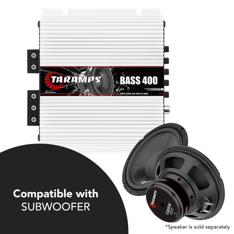 Taramps Bass 400 2 Ohms Monoblock Amplifier 400 Watts Rms 1 Channel 14.4VDC Out Power Full Range, Great for Sub/Bass - Rca/High Level Input, Car Audio