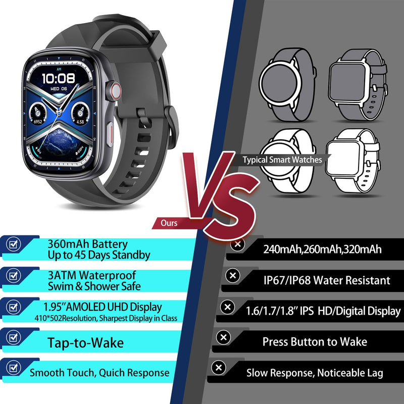 Smart Watch with Big Screen, Ultra HD 1.95" AMOLED Display (410×502 High Resolution) | 3ATM Waterproof | Heart Rate/Sleep Tracker | 130+ Sports/Fitness Modes, Bluetooth Calling, Smart Notifications