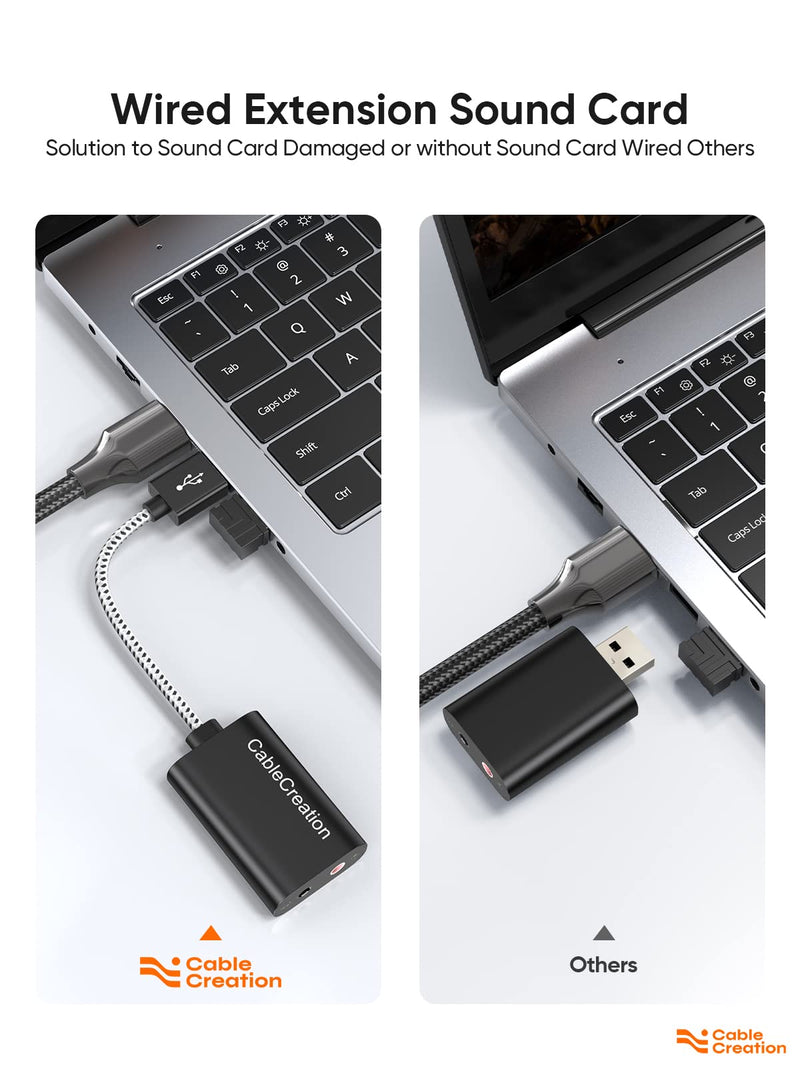 CableCreation 2 Pack USB Audio Adapter External Sound Card with 3.5mm + Mic | Headphone and Microphone Jack Compatible with Windows, Mac, macOS, Linux, PS4, PS5, Plug and Play, Aluminum Black Black USB 2.0*2 2-Pack