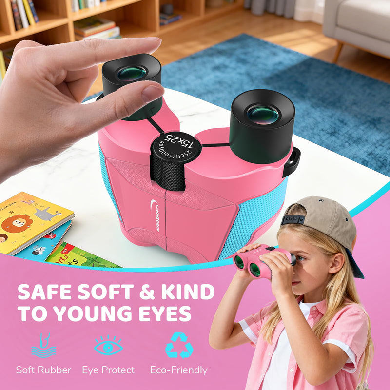 [AUSTRALIA] - Aurosports 15x25 Compact Binoculars for Kids - Small Binoculars Lightweight with Carrying Case Birding Guide for Bird Watching Hiking Camping Travel Gift for 8-12 Years Boys Girls (Pink) Pink 