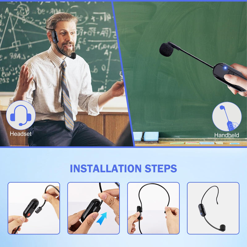 [AUSTRALIA] - Wireless Microphone Headset Double Professional: Cordless Mic Head for Two People, Heads Handheld Mics 2 in 1- USB-C Rechargeable - 1/4'' and 1/8'' Plug for PA System, Voice Amplifier,Teaching,Fitness Black1 