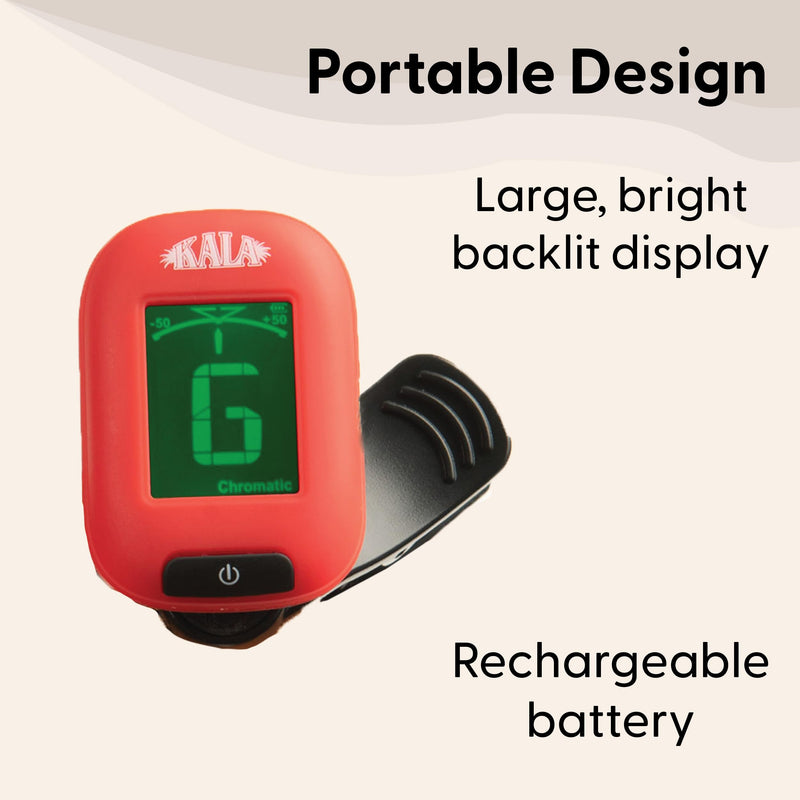 Kala Klipz USB-C Rechargeable Professional Clip On Tuner for Ukulele, Guitar, Bass, Violin, Mandolin, All String Instruments with Multi-Key Chromatic Tuning Modes and Vibration Sensor - Red