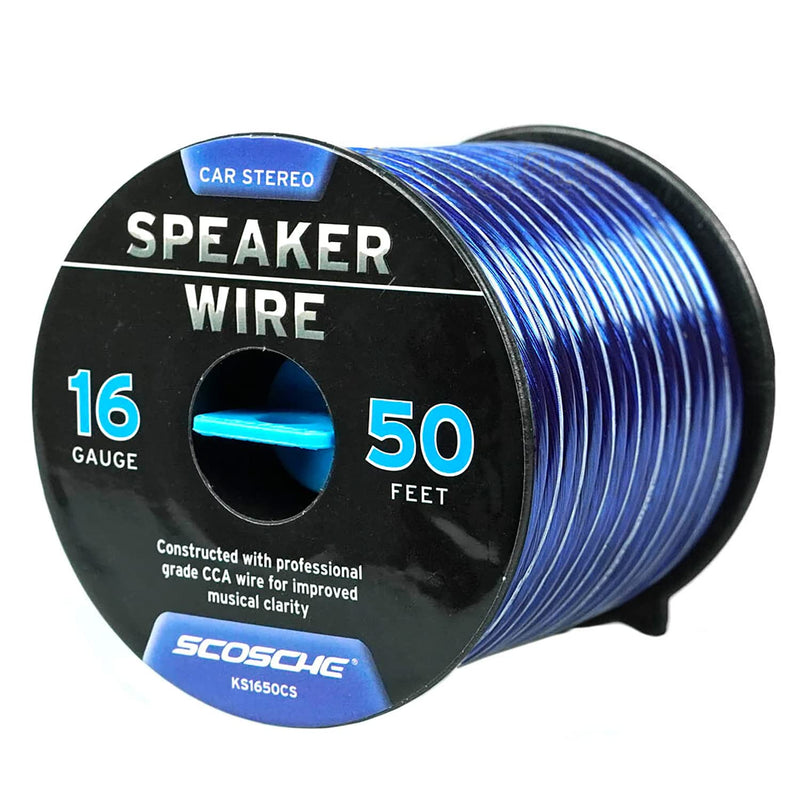 Scosche KS1650CS 16 Gauge CCA Car Stereo Speaker Wire - 16 AWG Audio Cable for Automotive Sound Systems - Copper Clad Aluminium 50 Foot Spool 50 Feet