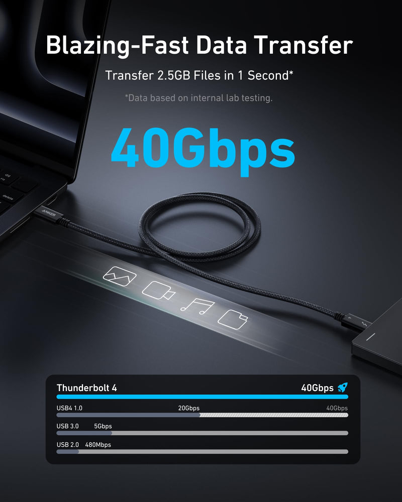 Anker Prime Thunderbolt 4 Cable, 3.3ft USB-C to USB-C Cable, 240W Charging | 40Gbps Data Transfer, Supports 8K/4K Displays, for iPhone 16, MacBook Air, iPad, Samsung (Thunderbolt 4-Certified) Black