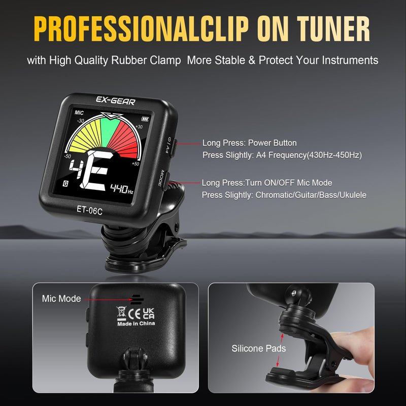 [AUSTRALIA] - EX-GEAR Professional Guitar Tuner Clip On, Quick & Accurate Tuning with Large LCD Screen, 360° Rotatable Rechargeable Acoustic Guitar Electric Guitar Bass Ukulele & Chromatic Tuner 