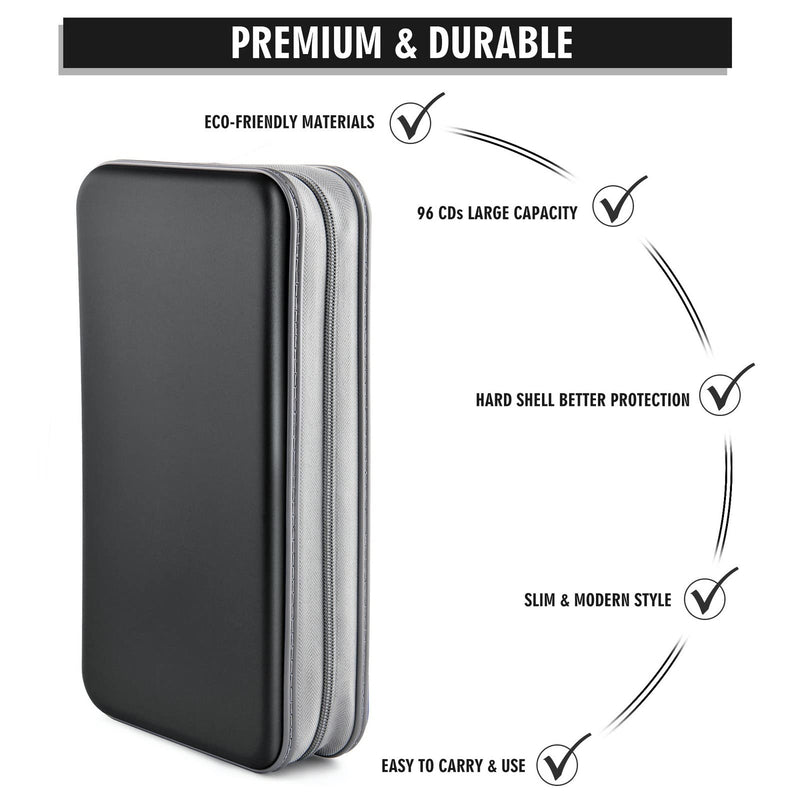 DVD Case, Bivisen CD Case Holder Wallet Binder 96 Capacity CD/DVD Cases Storage Holder Binder Organizer Wallet Book for Car Home Travel (Black) Black