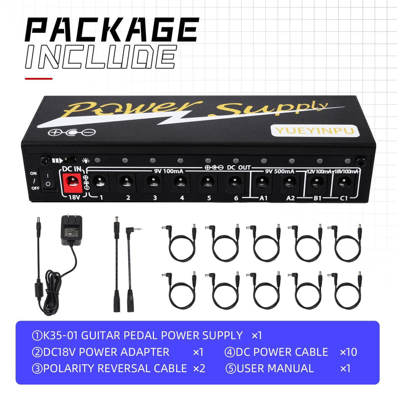 Power Supply for Guitar Effect Pedals 10 Isolated DC Output 9V/12V/18V for Effect Pedal with Separate Short-Circuit Protection