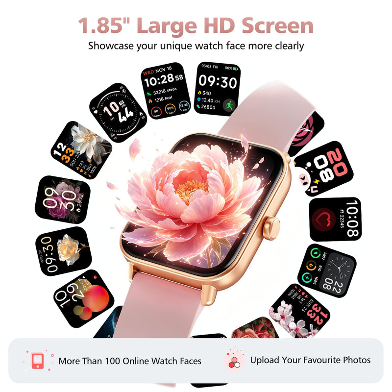 Smart Watches for Women, 1.85" Alexa Fitness Trackers with Call & SMS, Heart Rate, SpO2, Stress & Sleep Monitor, IP68 Waterproof Smartwatch for Android iPhone Samsung etc., 100+ Sports Modes, 2 Bands Blush Pink