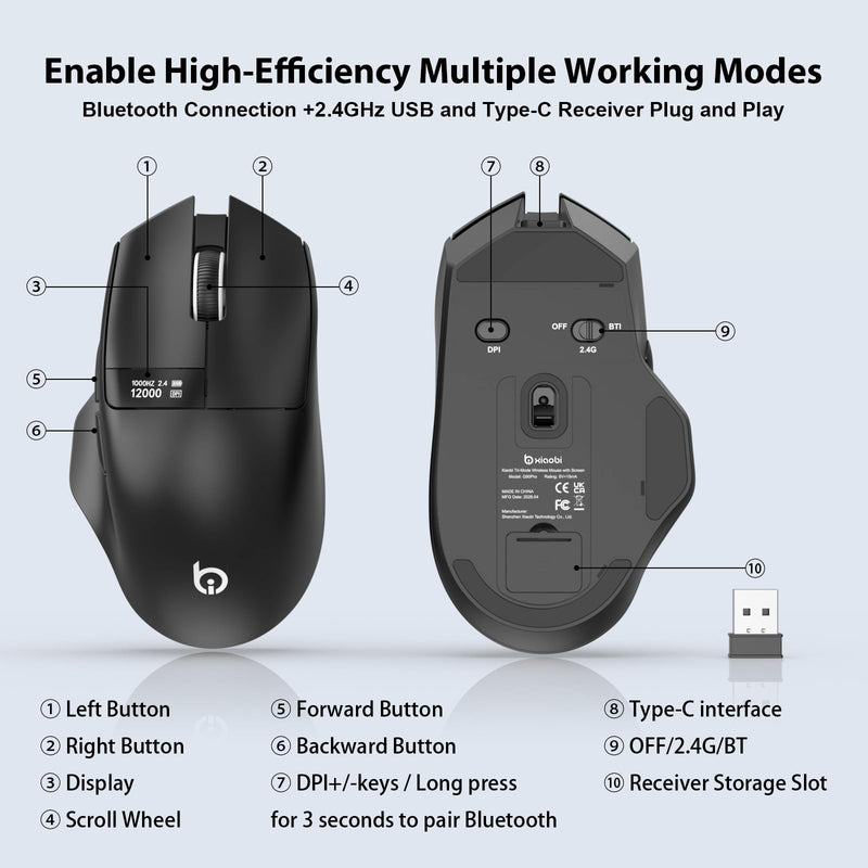 G9Pro Wireless Bluetooth Mouse with LED Screen Display | 12000 DPI Computer Mouse with 6 Adjustable DPI, Wired/BT1/2.4G Tri-Mode, Type-C Rechargeable, Lightweight & Office Use for PC Black
