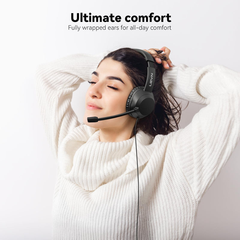 LEVN Headset with Mic, USB Headset with Microphone, Computer Headset with Noise Cancelling Microphone for Laptop PC, Mute in-line Controls, Wired Headset for Work from Home/Open Office/Call Cente Black