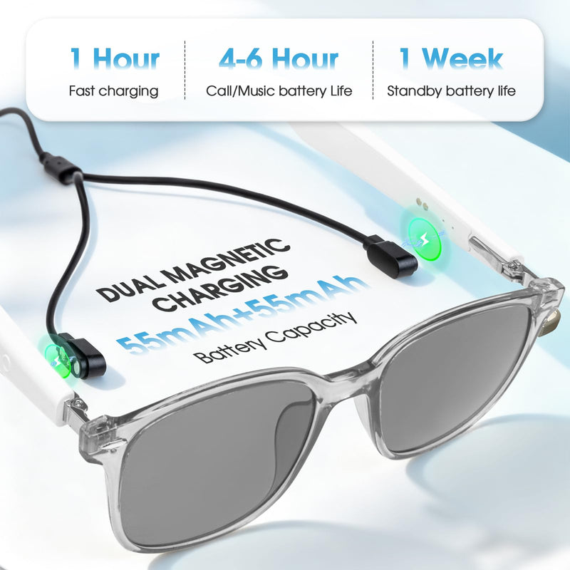 Ai Smart Glasses for Men&Women|Real-Time Translation|Hall-Effect Sensing|UV Protection Bluetooth Sunglasses (Transpraent Frame Black Lens) Transpraent Frame Black Lens