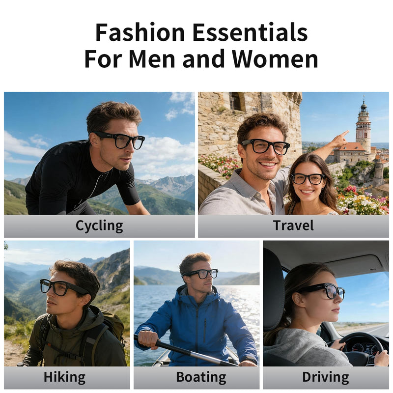 AI Smart Glasses with Camera Stabilization - 8MP POV Video Recording, Real-Time AI Translation, Smart Assistant, Dual-Mic Noise Canceling for Travel & Meetings - Anti-Blue Light, Black Frame