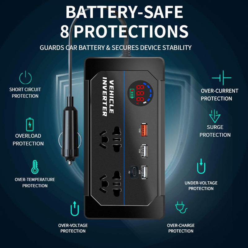 200W Car Power Inverter, DC 12V to 110V AC Car Plug Adapter Outlet with 4 USB Fast Charging Port(3xUSB A, 1xUSB C), LED Display, Dual AC Outlet, Power Inverter for Vehicles, Laptops, Phones, Black