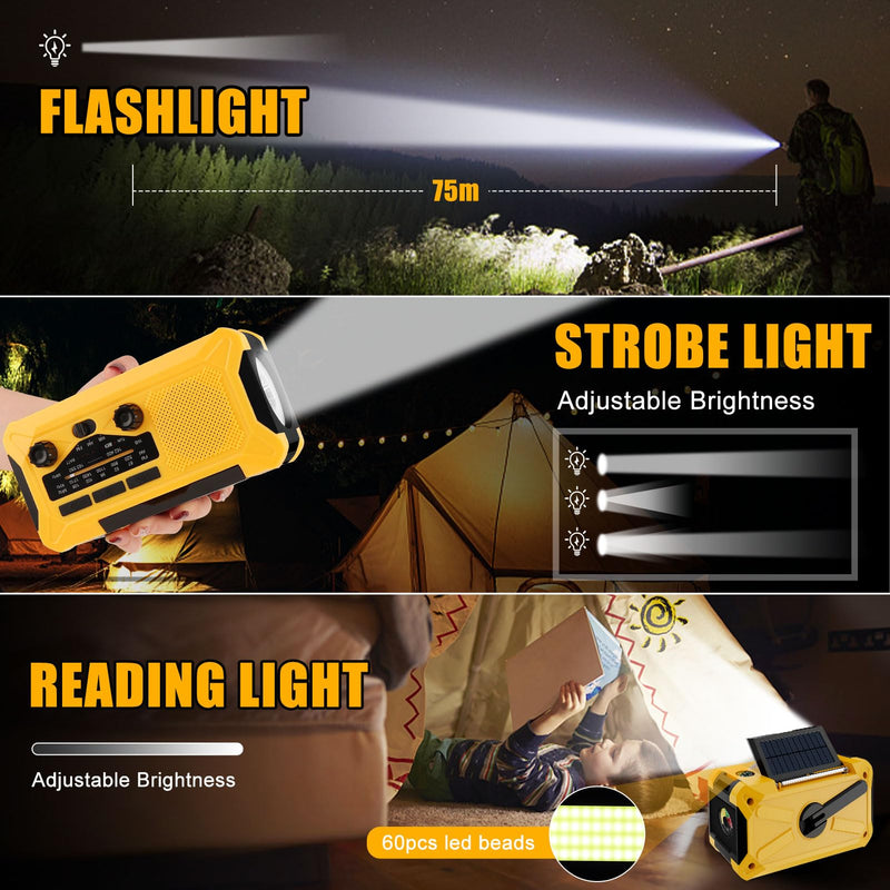 10000mAh Emergency Hand Crank Radio with LED Flashlight, AM/FM NOAA Portable Weather Alert Radio, Solar Powered Radio with Phone Charger, USB Charged, Headphone Jack, SOS Alarm, Compass (Yellow) yellow