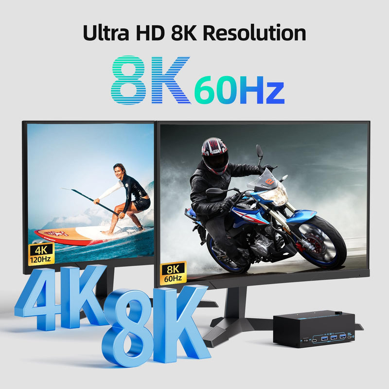 HDMI KVM Switch 3 Monitors 2 Computers 8K@60Hz/4K@120Hz, USB3.0 KVM Switches 2 Computers for 2 PC Sharing Triple Monitor and Keyboard Mouse, Wired Controller and USB Cables Including