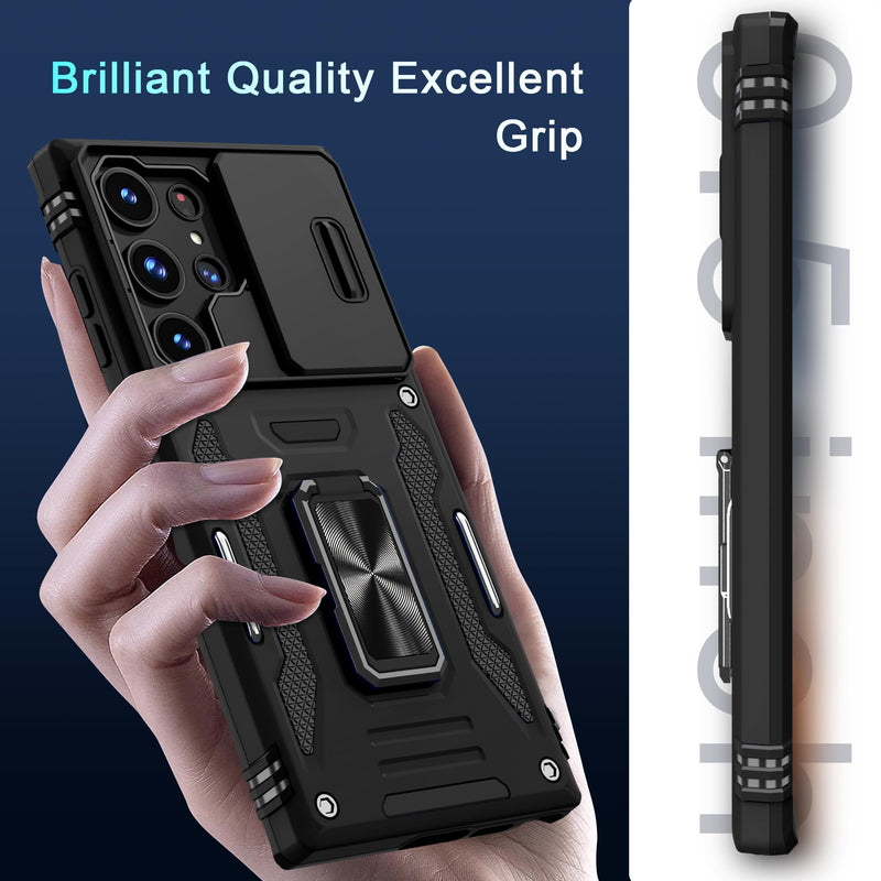 DEERLAMN for Samsung Galaxy S24 Ultra Case with Slide Camera Cover+Screen Protector (1 Pack), Rotated Ring Kickstand Military Grade Shockproof Protective Cover-Black Samsung Galaxy S24 Ultra-6.8Inch Black