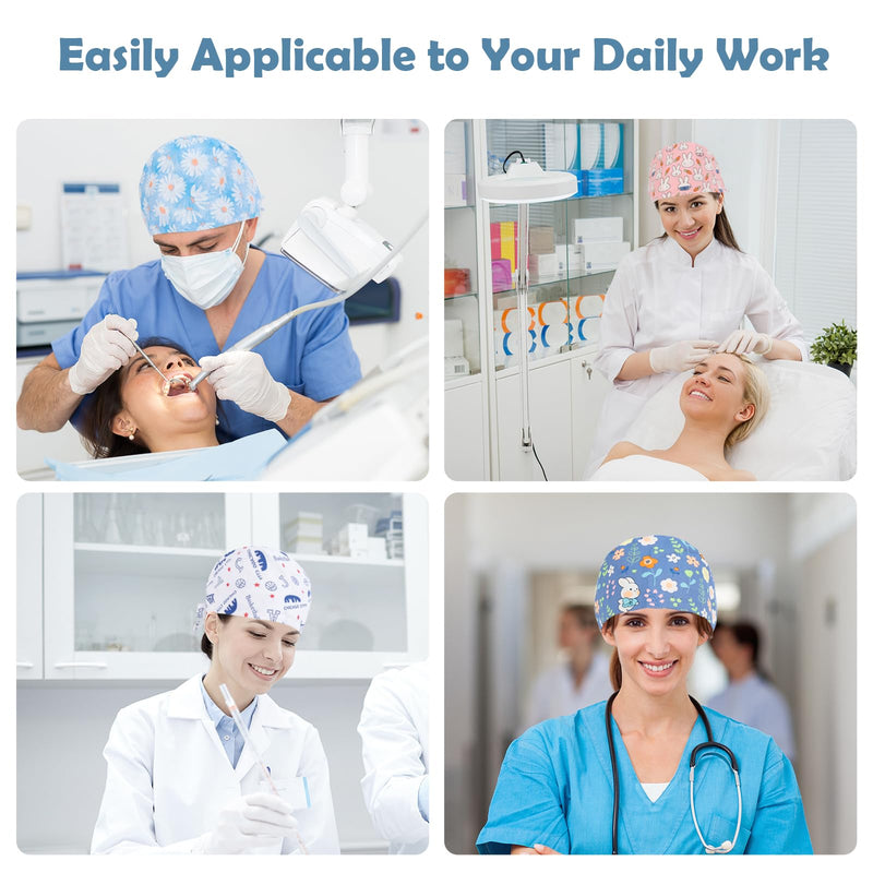 Moxiewell Pack of 6 surgical caps with laces, scrubbing cap, printed hat with button and cotton sweatband, adjustable, full hair cover, unisex doctor cap, multicoloured, 53