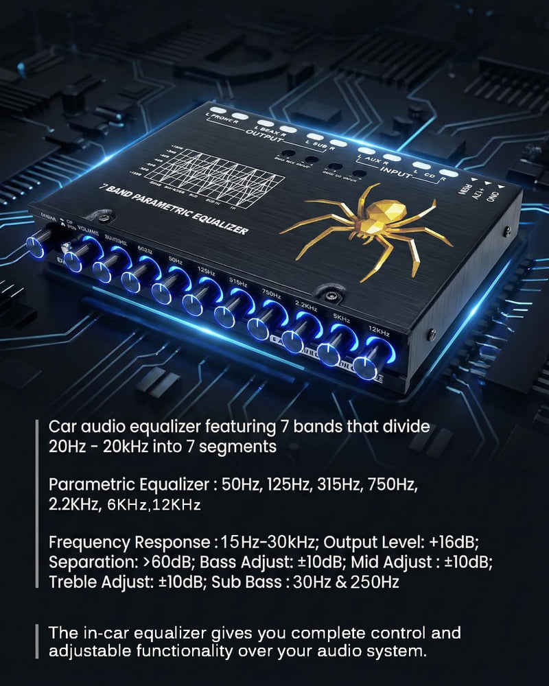 7 Band Car Audio Equalizer, 7 Bands EQ Car Amplifier Graphic Equalizer W/Front, Rear + Sub Output, CD/AUX in Select Switch，Adjustable Audio Output for Car, Boat