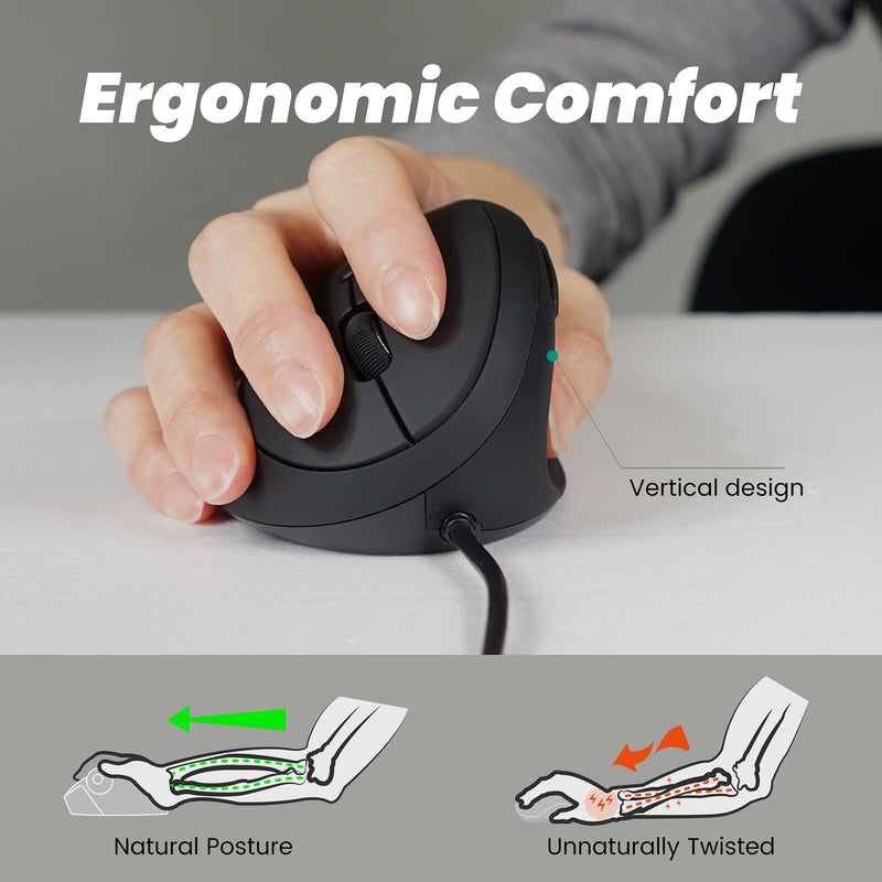 Perixx PERIMICE-519 Wired Ergonomic Vertical Mouse - Portable Small Design - 105x67x58 mm - Right Handed Black