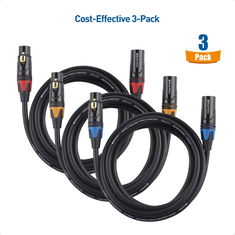 Cable Matters 3-Pack Color-Coded Premium Shielded XLR Cables - 6ft, Oxygen-Free Copper (OFC) XLR Microphone Cable Male to Female, Black 6 Feet