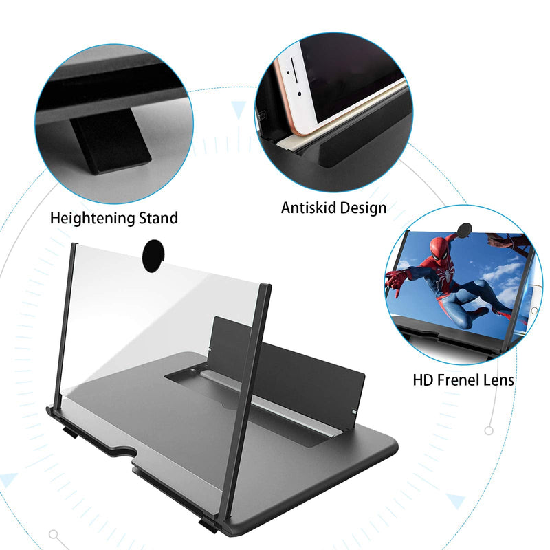 12 Inch Phone Screen Magnifier, 3D HD Mobile Phone Projector Amplifier Pulling-Out Movie Video Enlarger Anti-Radiation Eye Protection with Foldable Stand Holder for All Smartphones-Black Black