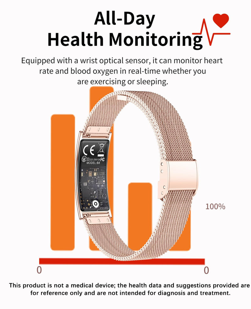 Smart Bracelet for Women Men Ultra-Thin Fitness Tracker for Android & iOS | Wearable Activity,100m Waterproof,24/7 Health Monitoring Heart Rate,Sleep Monitor,100+ Sports modes,30 Days Battery,3 Bands Rose Gold Mesh Strap