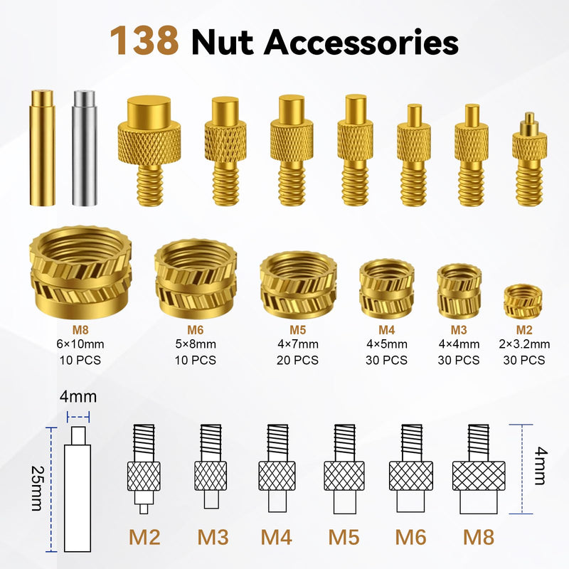 Threaded Inserts, Soldering Tips Set, Soldering Tips, Threaded Insert, Melting Nuts Set with LED Display, 7-Piece Soldering Tips for Thread Insert and 130-Piece Thread Inserts, M2-M8, Compatible with