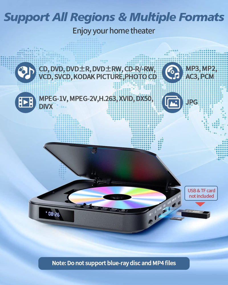 Desobry Mini DVD Player HDMI, 1080P HD Small Compact DVD Player for Smart TV with All Region Free, DVD CD Player with AV Output, USB/TF Card Input, Remote Control, Support PAL/NTSC Black