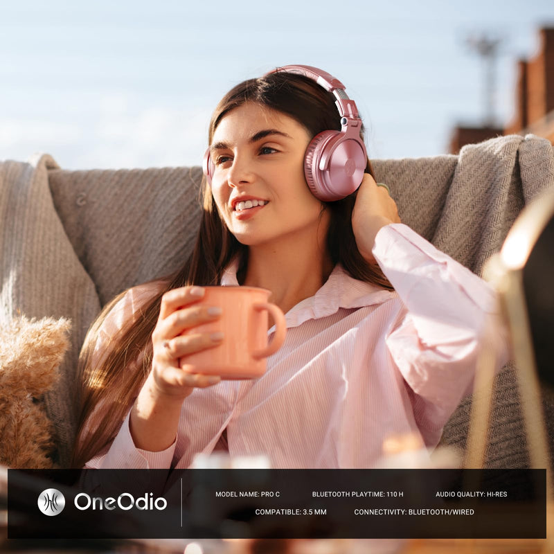 OneOdio Bluetooth Over Ear Headphones, 110 Hrs Wireless/Wired Stereo Sound Foldable Headsets with Deep Bass 50mm Neodymium Drivers for PC/Phone/Tablet - Studio Wireless Pro C, Rose Gold