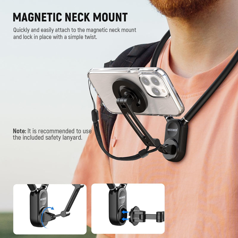 Neewer Magnetic Neck Holder for Action Camera & Phone, Hands Free Neck Tripod Chest Mount Compatible with GoPro DJI Insta360 iPhone 15 Android, Neck Phone holder for Recording POV Video Vlog, GP16