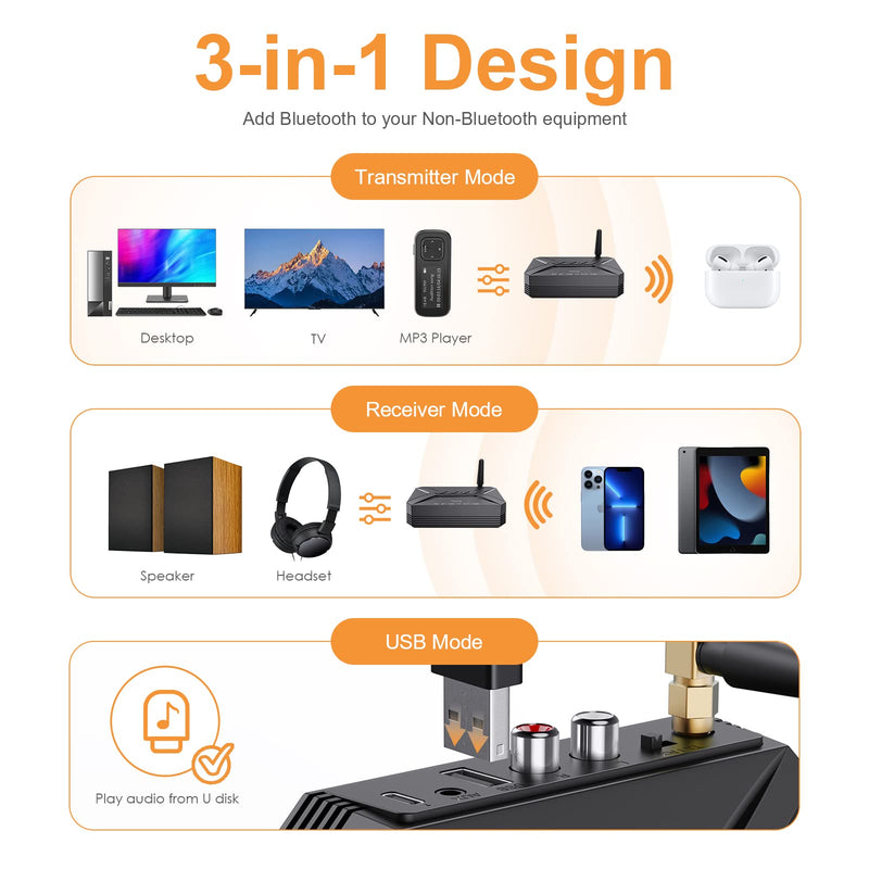 JXTZ Bluetooth Transmitter Receiver, 3 in 1 Bluetooth 5.0 Aux Audio Adapter with USB/RCA/AUX Output for Music Streaming Sound System, Bluetooth Receiver for Home Stereo/TV/Car/PC/Headphone/Speaker Black