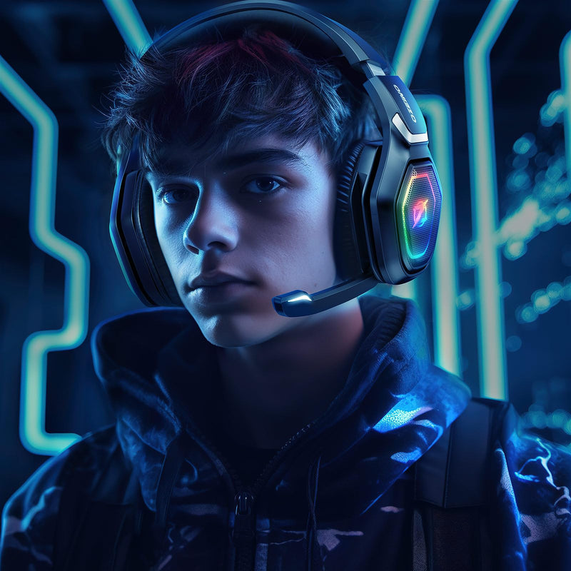 2.4GHz Wireless Gaming Headset with Microphone, 2.4G USB & Type C Transmitter - 30h Battery Life - RGB Lighting Gaming Headphones for PS5, PS4, PC, Phone Black