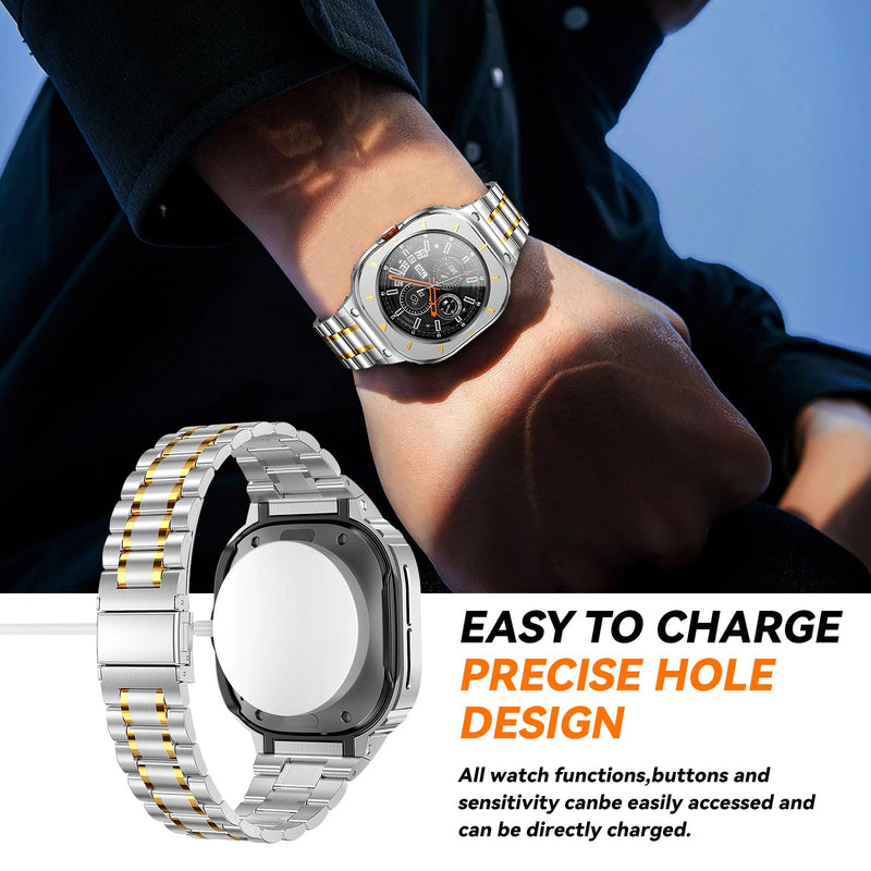 Stainless Steel Band with Case Compatible with Samsung Galaxy Watch Ultra | BAITEYOU Metal Strap with Cover for Samsung Galaxy, Ultra 2/9/8/7 47mm 2026/2025/2024, Luxury Bracelet for Men.Silver Gold Silver Gold Galaxy Watch Ultra -47mm