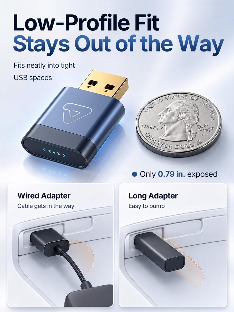 Wireless CarPlay & Android Auto Dongle for Digital Media Receivers Blue | Ultra Mini, Fast Stable Connection, No Overheating, Plug & Play, Auto Reconnect, Bluetooth Wi-Fi, USB-A USB-C, Voice Control