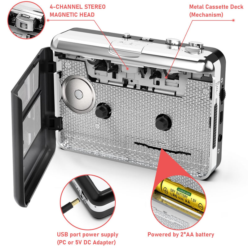 [AUSTRALIA] - Cassette Player - Compact Tape Player Portable Recorder with Earphone-Convert Audio Music Cassette to MP3 Digital, Compatible with Laptop/PC/MAC- for Entertainment, Travel, Light Sports(Silver) silver 