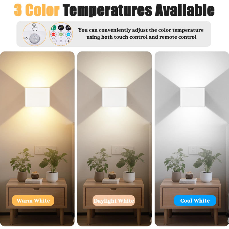 [AUSTRALIA] - Yochoice Motion Sensor Wall Light Indoor Set of 2, 6000mAh Wireless Rechargeable Battery Operated LED Sconce Up Down with Touch Remote Control, Battery Powered Magnetic Wall Lamps with 3CCT, White 2-pack 