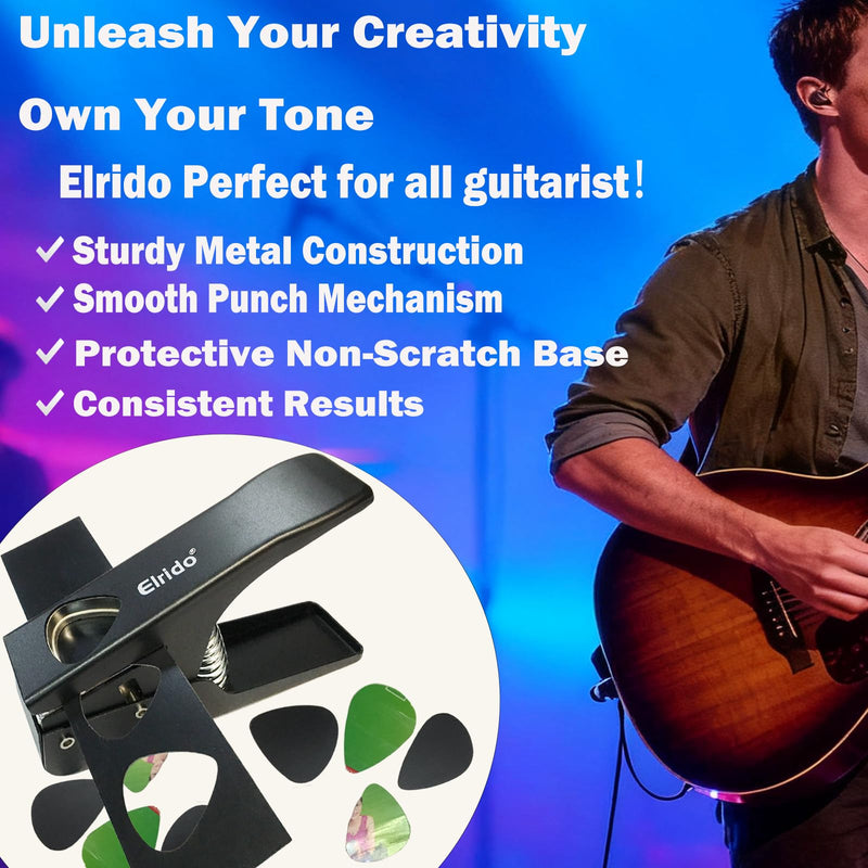 Elrido Guitar Pick Punch Tool Kit - DIY Custom Guitar Picks Maker with Leather Keychain Picks Holder & 2 Pick Strips, Create Endless Unique Picks - Make Picks, Gift for Guitarists & Musicians (Black) Black